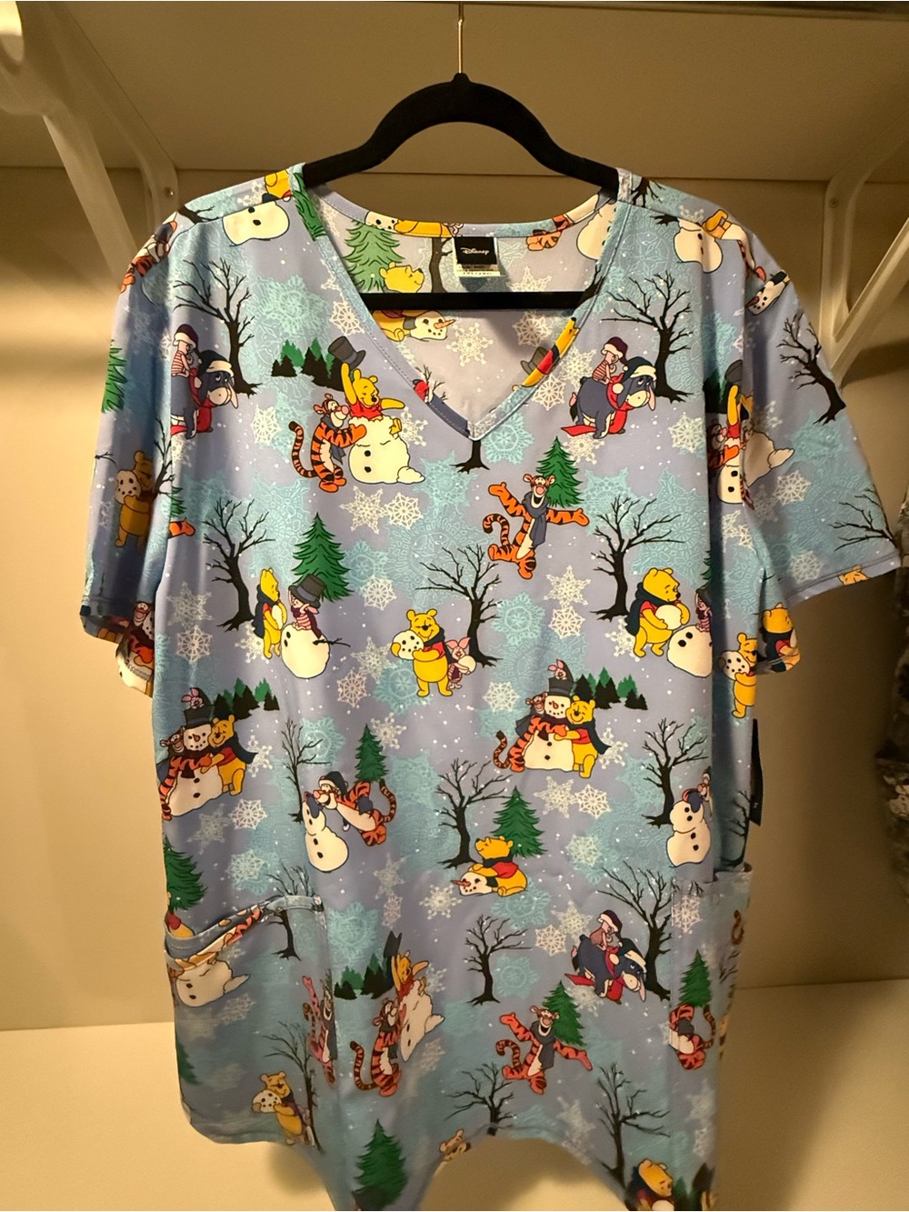 Disney Light Blue Winnie the Pooh Holiday Scrub Top